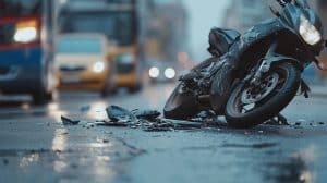 Electric bike accident scene with a damaged bike on a wet street, reflecting urban traffic and potential legal implications in Virginia.
