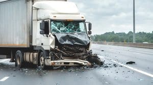 Damaged truck on highway after accident, emphasizing the severe impact and complexities of truck accident claims.