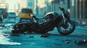 Crashed motorcycle on urban street, emphasizing the aftermath of a motorcycle accident, relevant to Virginia motorcycle accident legal representation.
