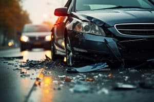 Damaged black car on road with debris after a Virginia car accident, highlighting the aftermath of I-64 crashes and the need for legal representation.