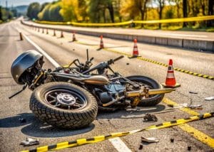 eBike accident scene with overturned electric bike, traffic cones, and debris on the road, illustrating the dangers of eBike collisions in Portsmouth.