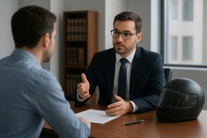 Lawyer consulting with a client about motorcycle accident rights, featuring a motorcycle helmet on the table, emphasizing legal representation for bikers in Virginia.
