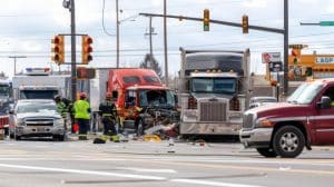 Truck accident scene with emergency responders attending to a collision involving commercial trucks and passenger vehicles, highlighting the dangers of truck accidents on Virginia highways.